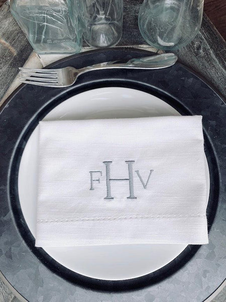 Simple and Modern Three Monogram Monogrammed Cloth Dinner Napkins - Set of 4 napkins - White Tulip Embroidery