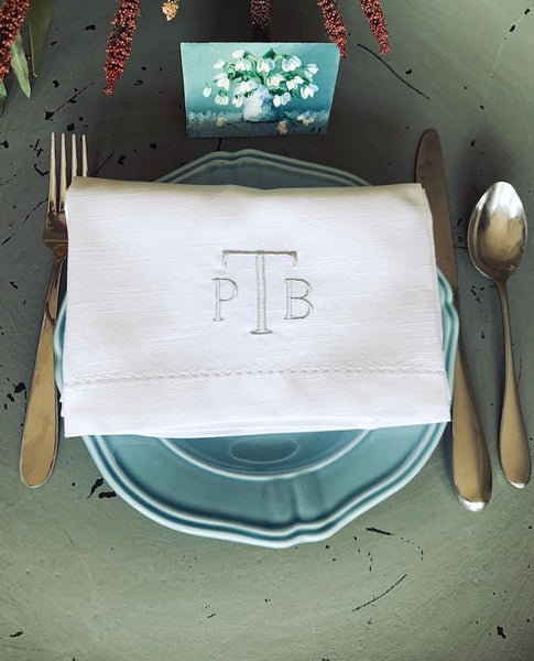 Simple and Modern Three Monogram Monogrammed Cloth Dinner Napkins - Set of 4 napkins - White Tulip Embroidery