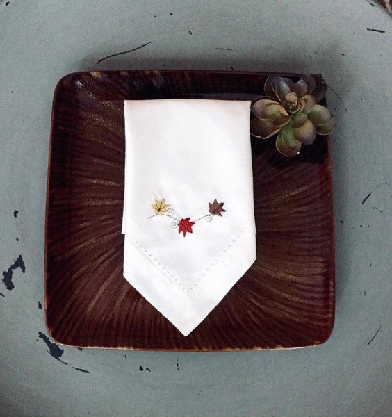Thanksgiving Blowing Leaves Embroidered Cloth Napkins - Set of 4 napkins - White Tulip Embroidery