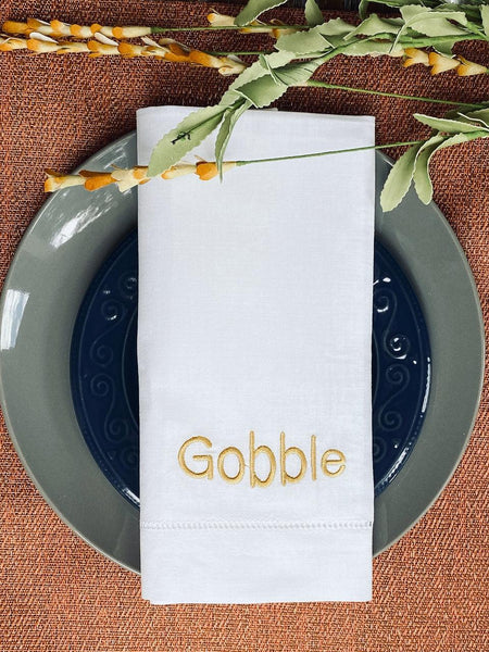 Thanksgiving "Gobble" Embroidered Cloth Dinner Napkins - Set of 4 napkins - White Tulip Embroidery