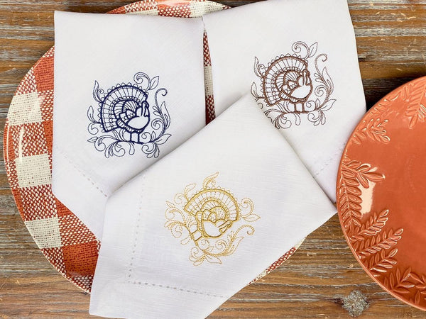 Thanksgiving Turkey Cloth Dinner Napkins - Set of 4 napkins - White Tulip Embroidery
