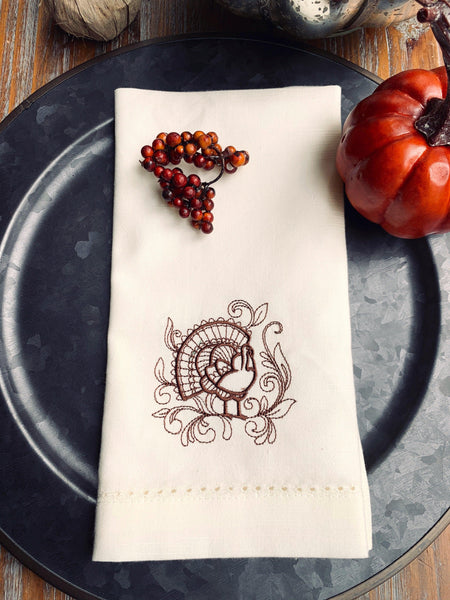 Thanksgiving Turkey Cloth Dinner Napkins - Set of 4 napkins - White Tulip Embroidery
