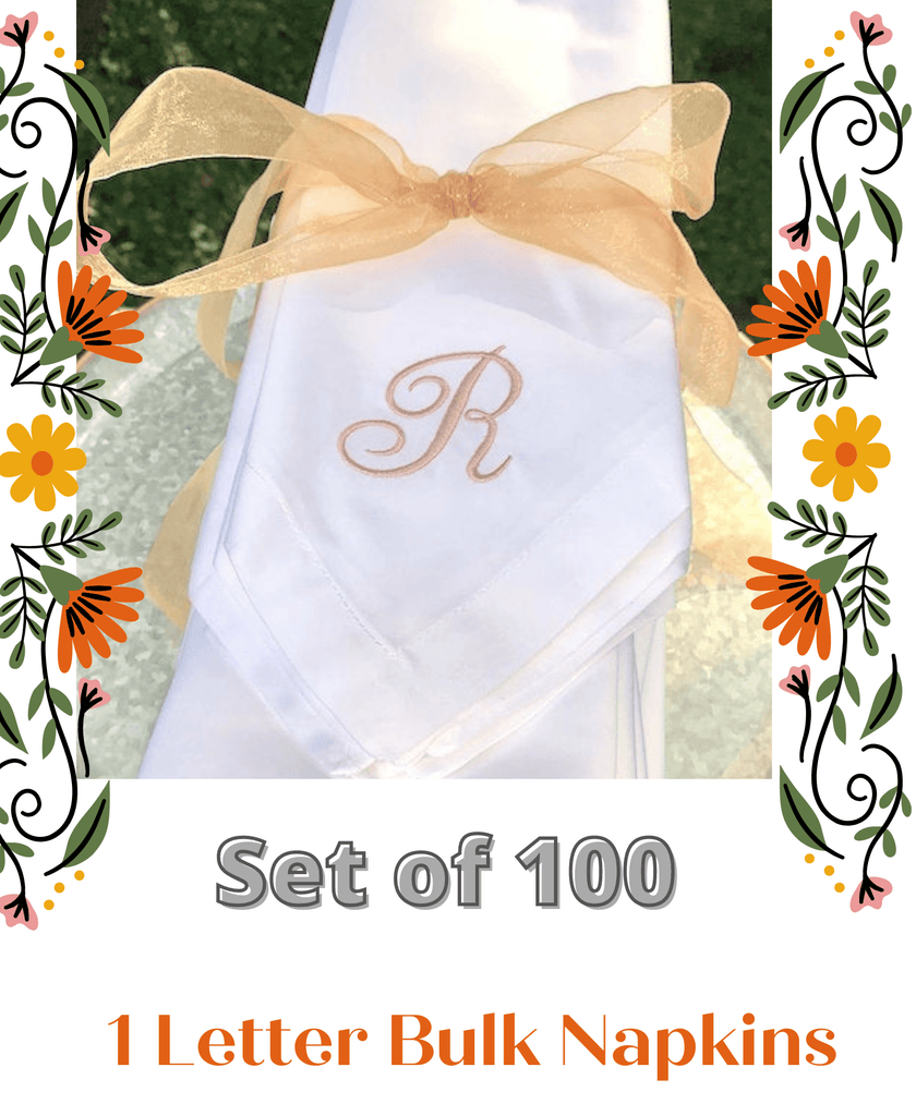 100 Bulk Monogrammed Cloth Napkins - White Tulip Embroidery