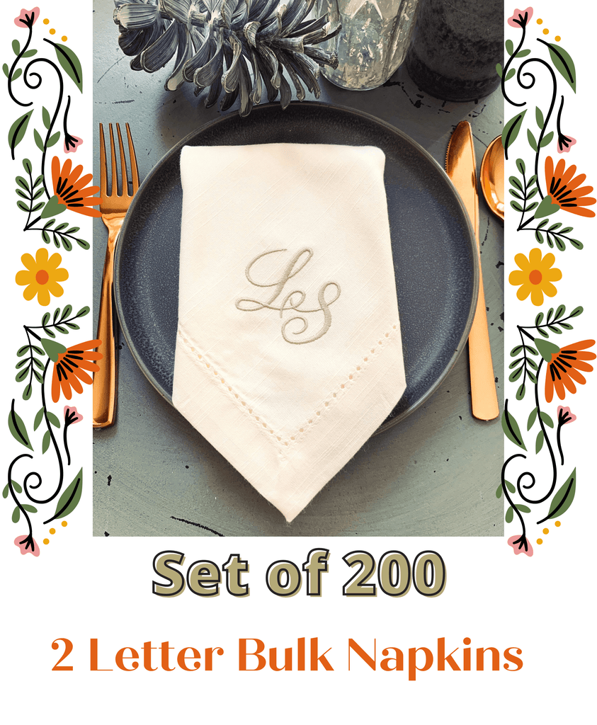 200 Bulk Two Initial Script Monogrammed Cloth Napkins, 2 letter monogram - White Tulip Embroidery