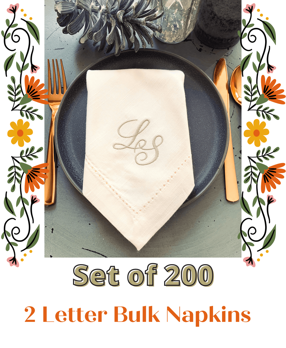 2 Script Two Bulk White letter – monogr Initial Napkins, 200 Embroidery Cloth Monogrammed Tulip
