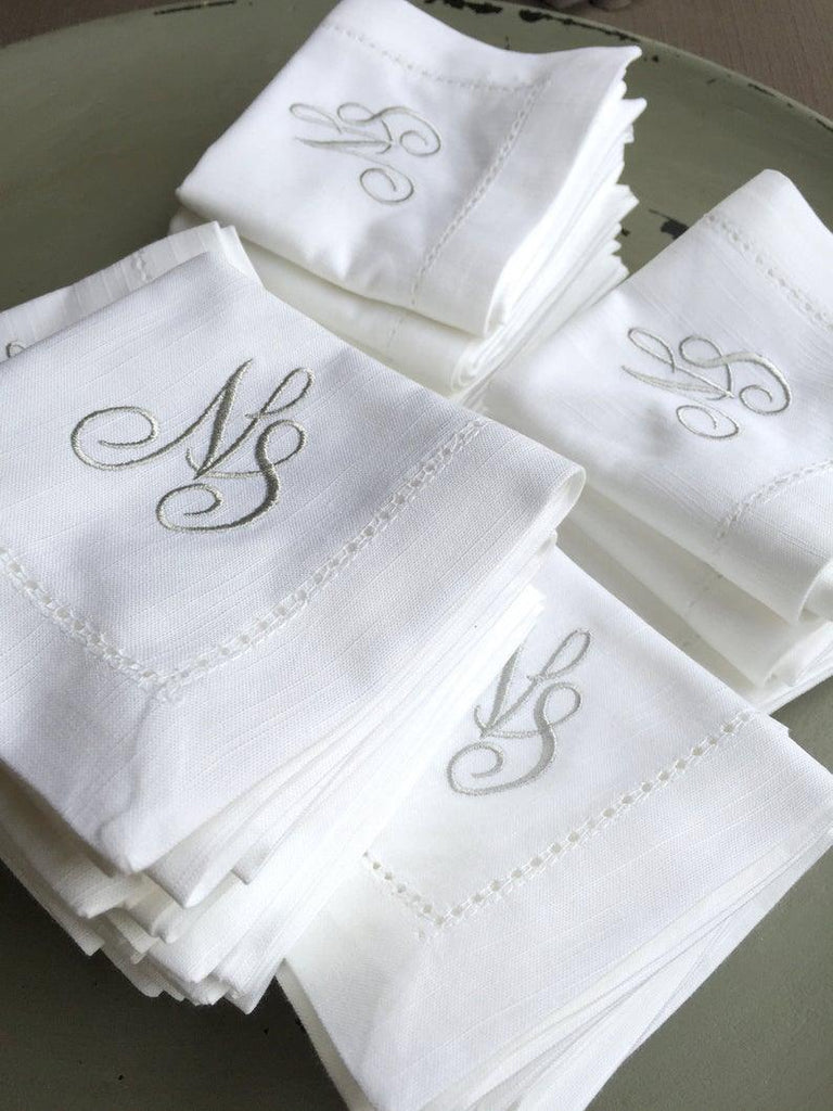 25 Bulk Two Initial Script Monogrammed Cloth Napkins - White Tulip Embroidery