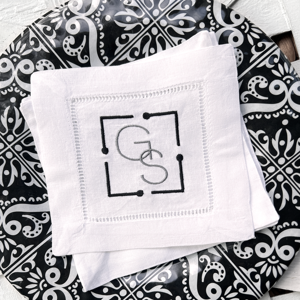 Classic Border Monogrammed Cocktail Napkins, Set of 4 - White Tulip Embroidery