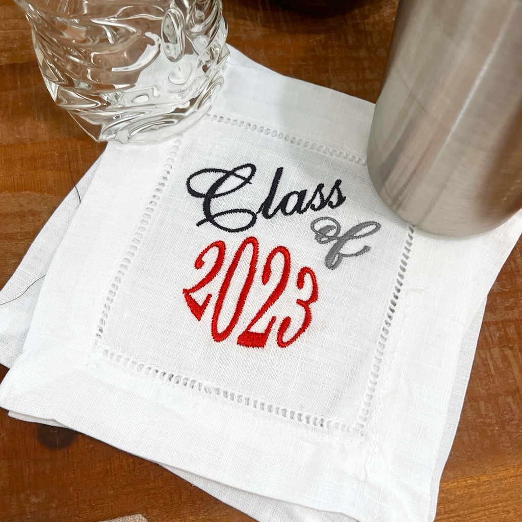 Class of 2023 Graduation Cocktail Napkins, 2023 Cocktail Cloth Napkins, Graduation Cloth Napkins - White Tulip Embroidery
