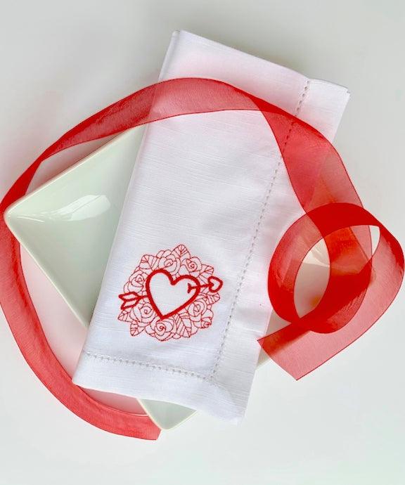 Arrow Heart Valentine's Day Cloth Napkins - White Tulip Embroidery