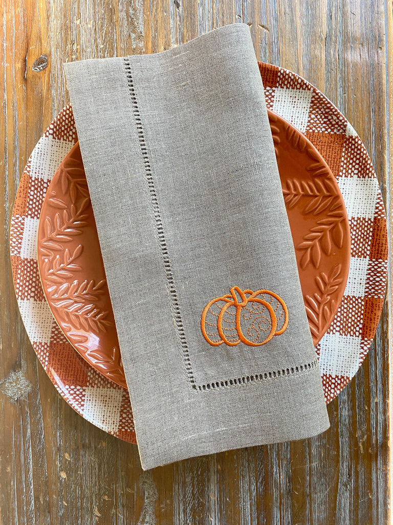 Autumn Pumpkin Cloth Napkins - Set of 4 napkins - White Tulip Embroidery