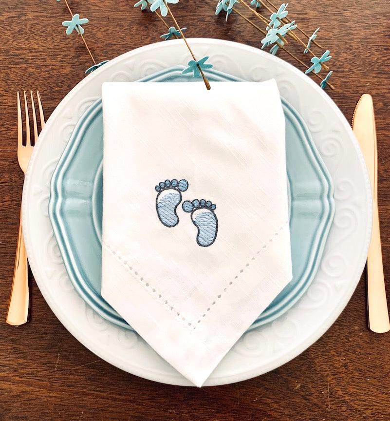 Baby Shower Footprint Napkins - Set of 4 napkins - White Tulip Embroidery