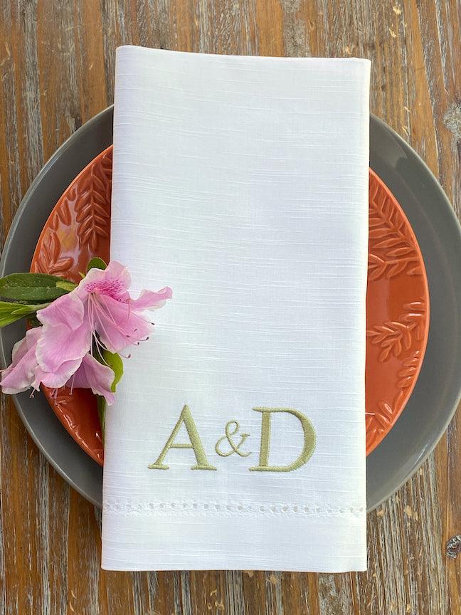 Bulk Ampersand Plus Sign Two Letter Monogrammed Cloth Napkins, Set of 25 - White Tulip Embroidery