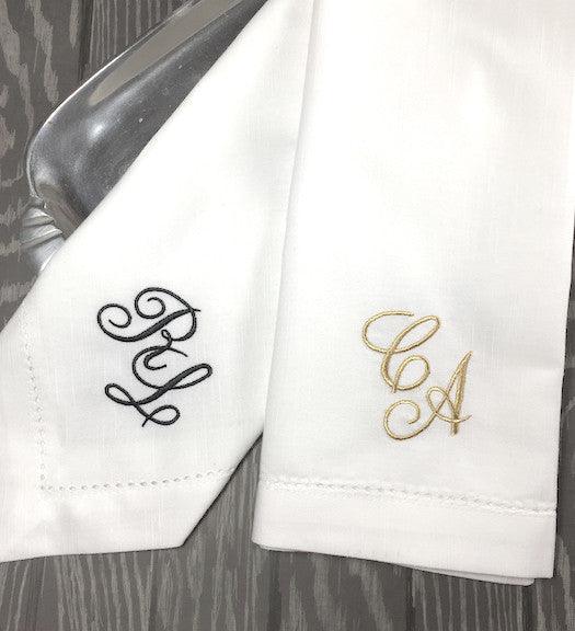 Bulk Two Initial Script Monogrammed Cloth Napkins - Set of 50 - White Tulip Embroidery