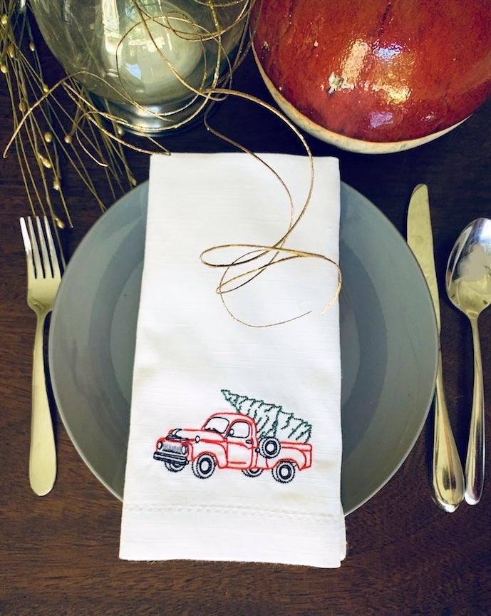 Christmas Truck Cloth Napkins - White Tulip Embroidery