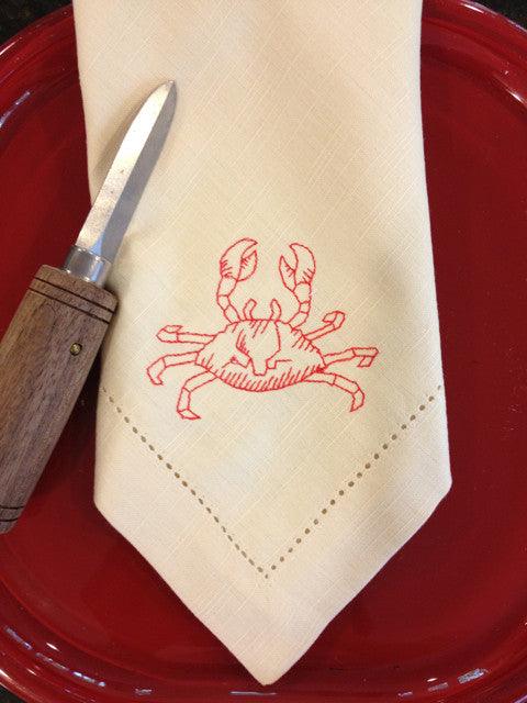 Crab Embroidered Cloth Napkins - Set of 4 napkins - White Tulip Embroidery