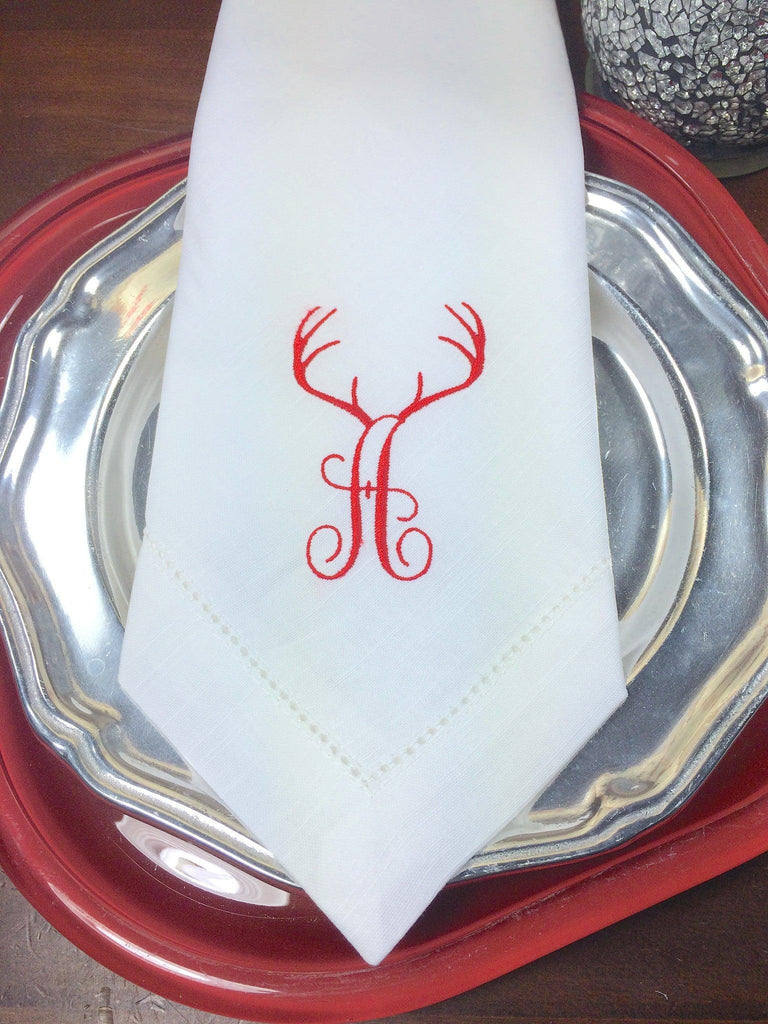 Deer Antler Monogrammed Embroidered Cloth Napkins - White Tulip Embroidery