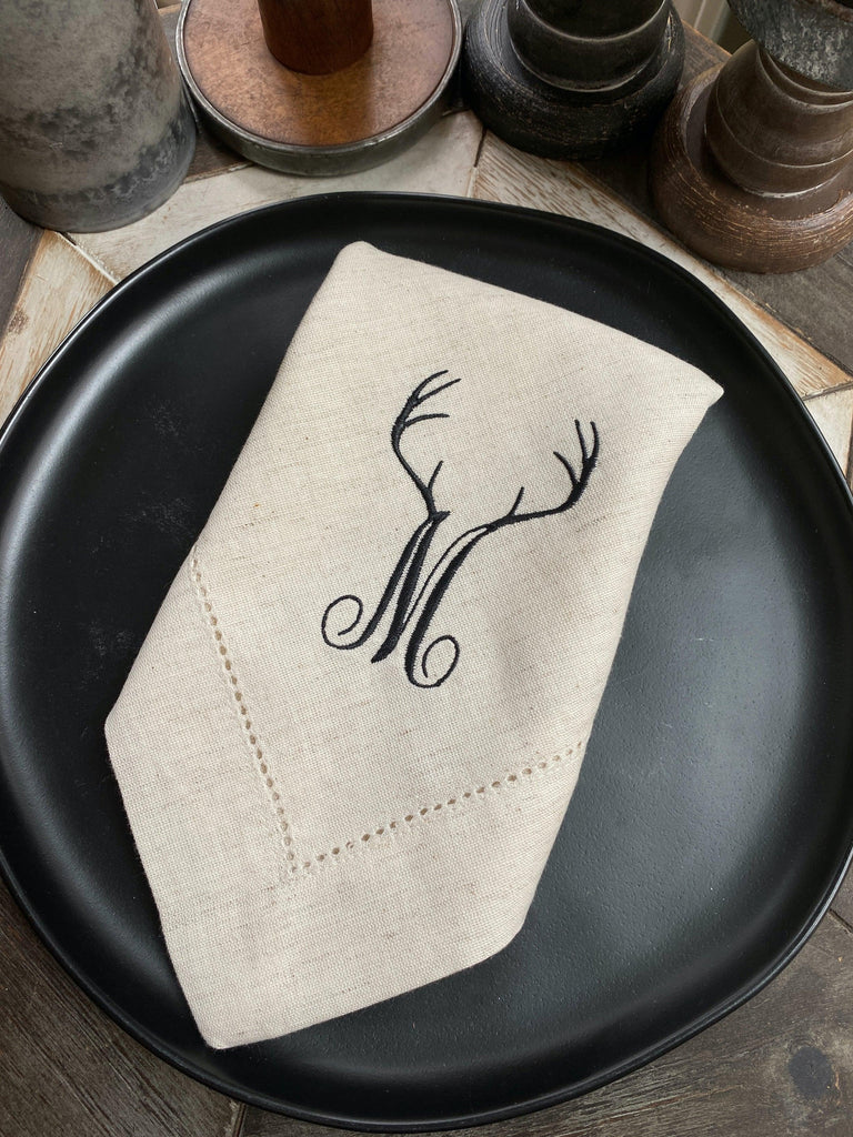 Deer Antler Monogrammed Embroidered Cloth Napkins - White Tulip Embroidery