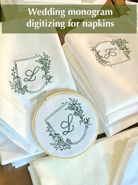 Digitizing Wedding Monogram - Custom Wedding Monogram Cloth Napkins - White Tulip Embroidery