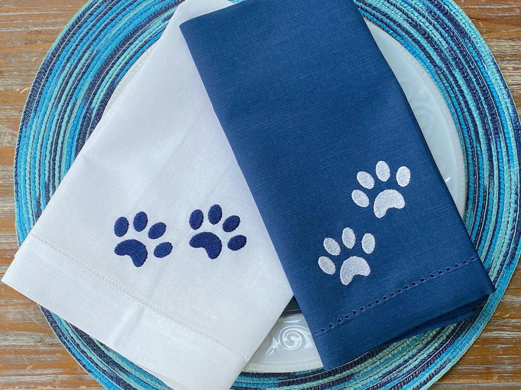 Dog Paw Embroidered Cloth Napkins - Set of 4 napkins - White Tulip Embroidery