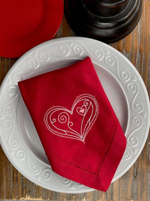Doodle Heart Valentine's Day Cloth Napkins - White Tulip Embroidery