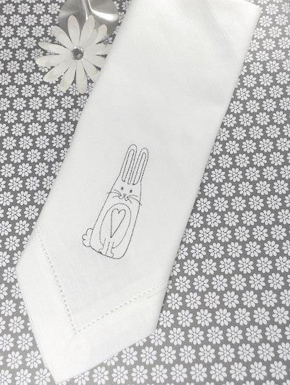 Easter Bunny Cloth Napkins - Set of 4 napkins - White Tulip Embroidery