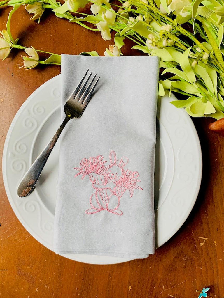 Easter Bunny with Flowers Embroidered Cloth Napkins - Set of 4 napkins - White Tulip Embroidery