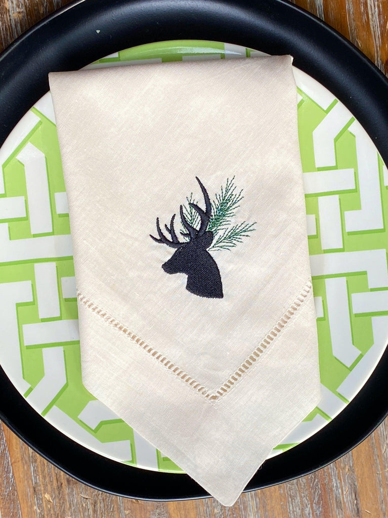 Evergreen Deer Embroidered Cloth Napkins - Set of 4 napkins - White Tulip Embroidery