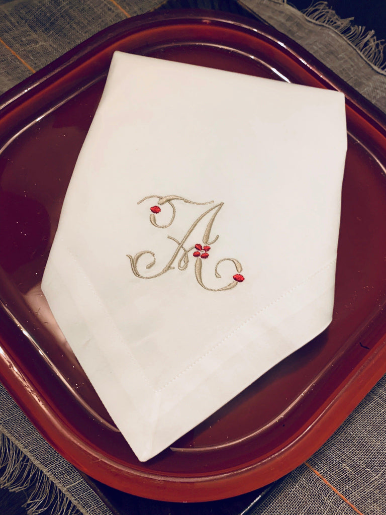 Floral Berry Monogrammed Embroidered Cloth Napkins - Set of 4 napkins - White Tulip Embroidery