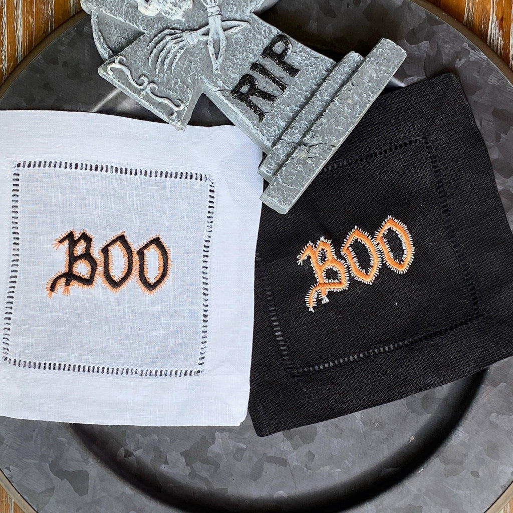Halloween Boo Cloth Cocktail Napkins, Set of 4 - White Tulip Embroidery