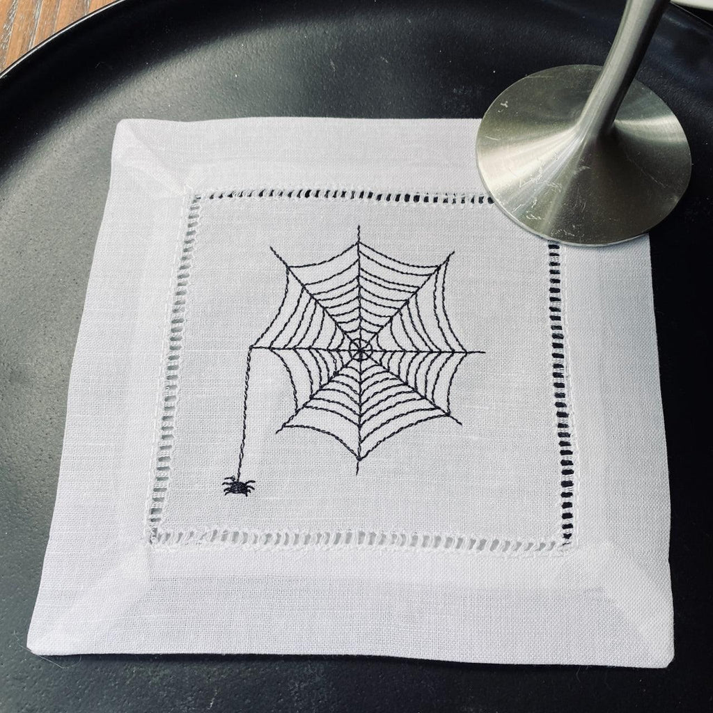 Halloween Spider Web Cloth Cocktail Napkins, Set of 4 - White Tulip Embroidery
