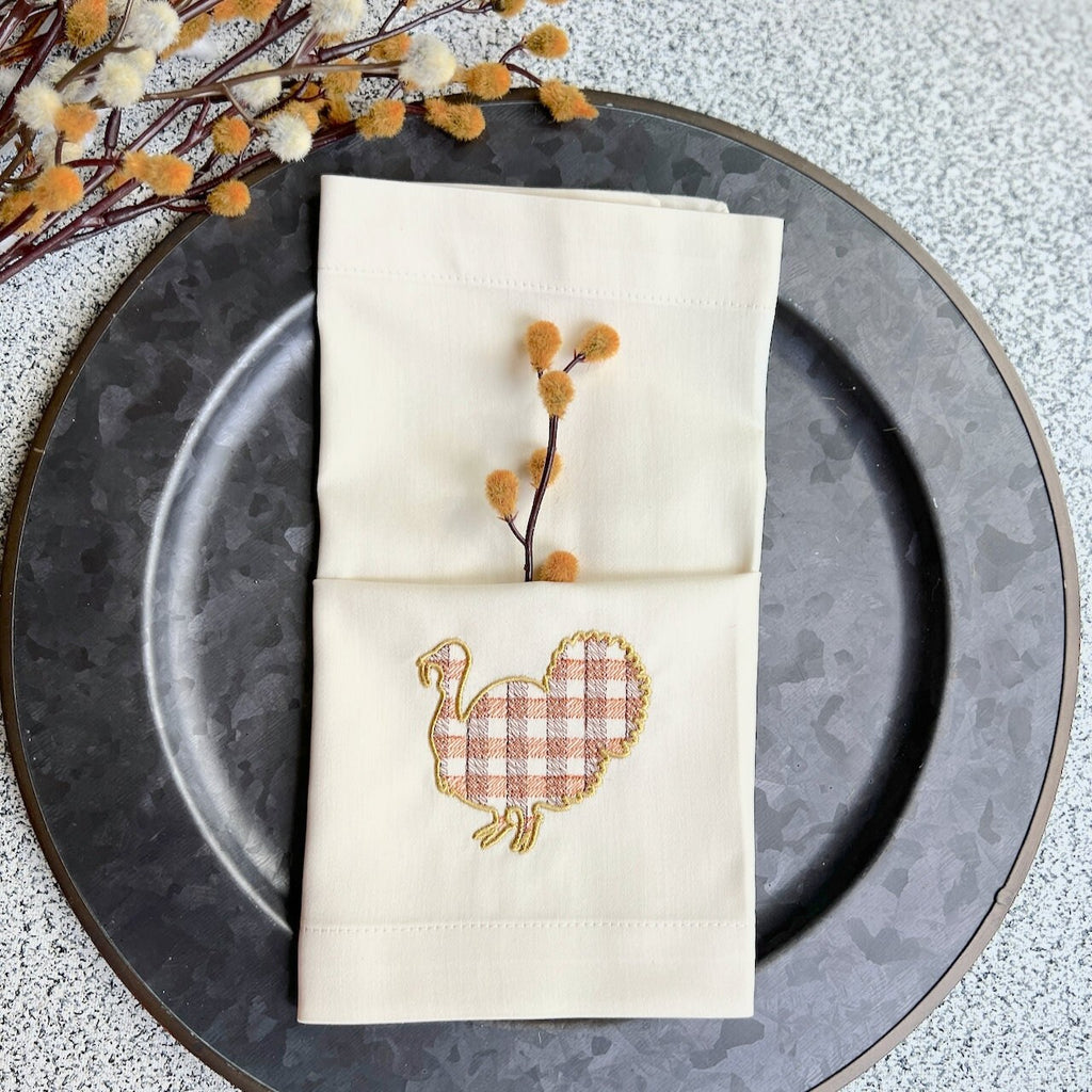 Plaid Turkey Napkins, Set of 4, Thanksgiving cloth napkins, Plaid napkins, Turkey embroidered napkins - White Tulip Embroidery