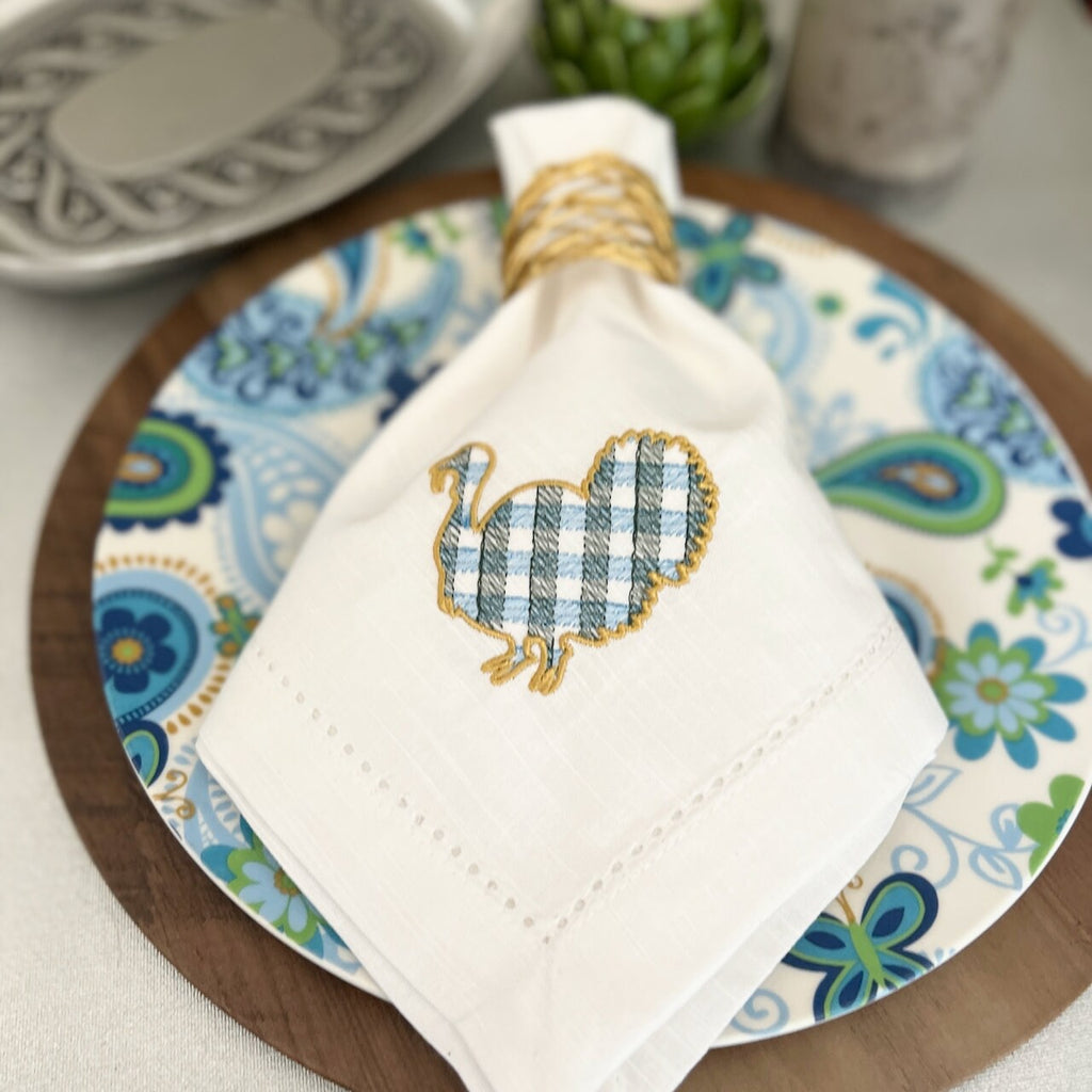 Plaid Turkey Napkins, Set of 4, Thanksgiving cloth napkins, Plaid napkins, Turkey embroidered napkins - White Tulip Embroidery
