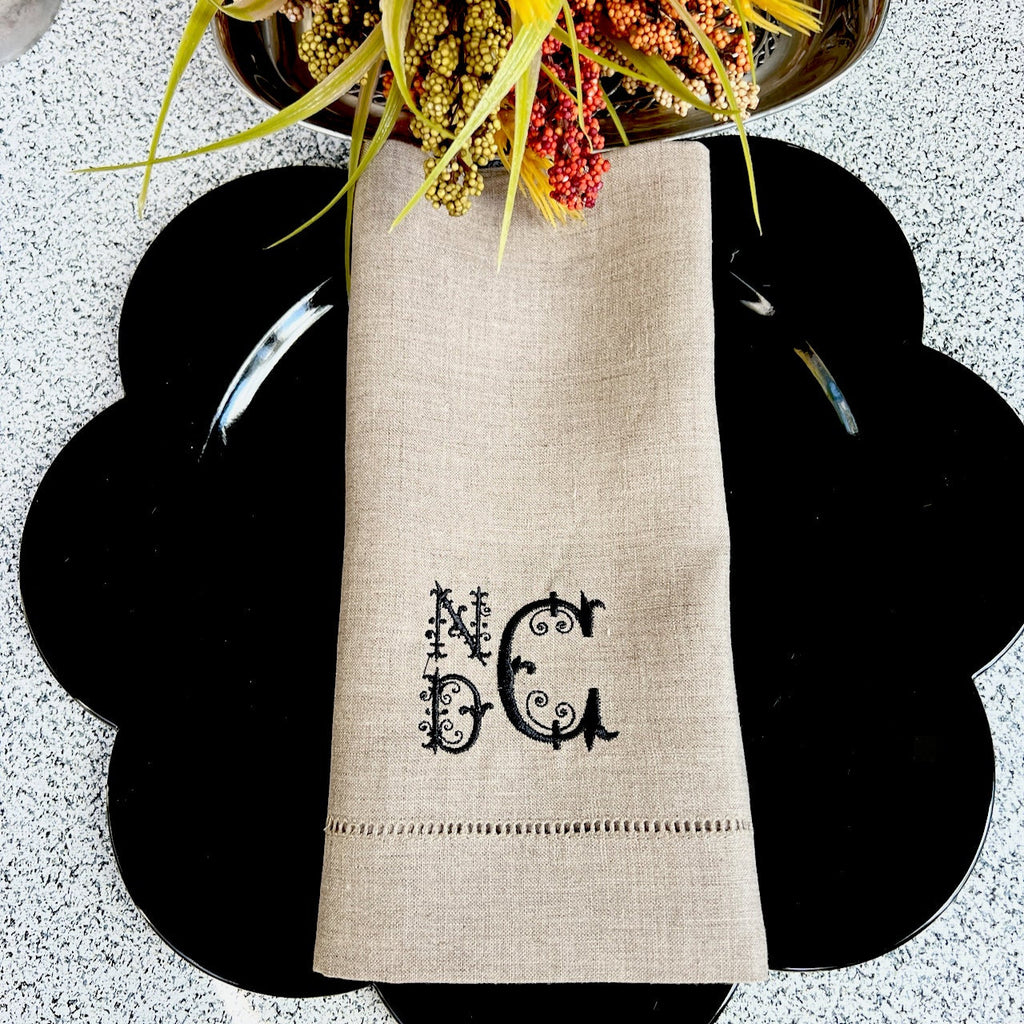 Ornate Monogrammed Embroidered Cloth Napkins,  Set of 4, Three letter monogram, wedding linens, embroidered napkins, sharon block format - White Tulip Embroidery