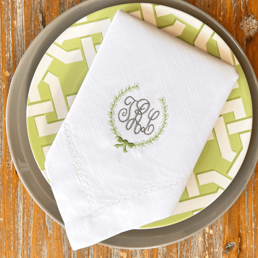 Laurel Bow Monogrammed Embroidered Cloth Napkins - Set of 4 napkins - White Tulip Embroidery