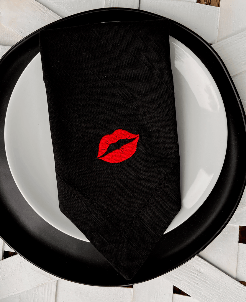 Lip Kiss Valentine's Day Cloth Napkins, Set of 4, Lipstick Napkins - White Tulip Embroidery