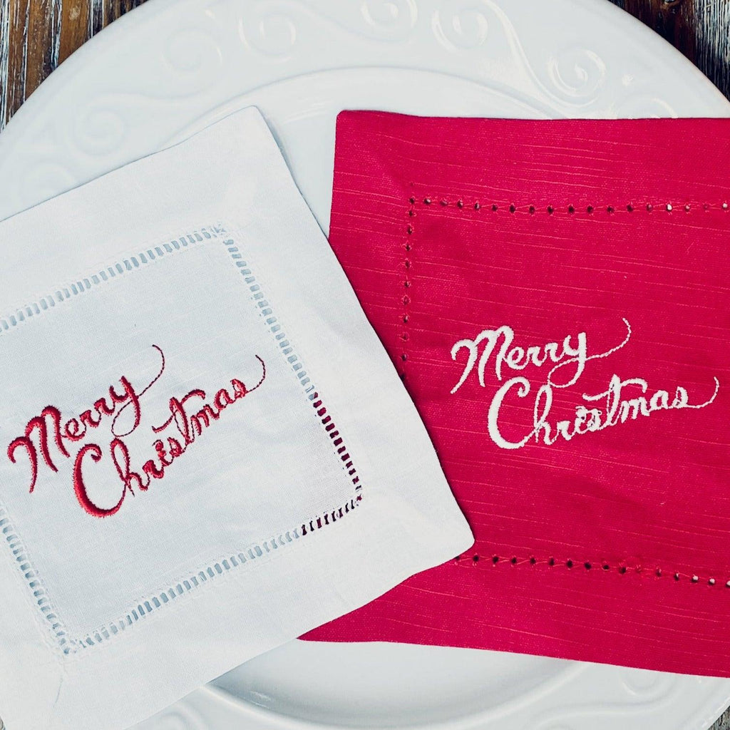 Merry Christmas Cloth Cocktail Napkins, Set of 4 - White Tulip Embroidery