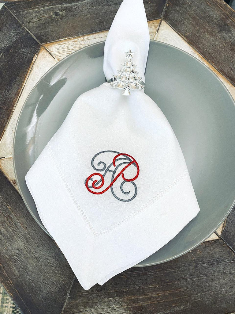 Missy Double Initial Monogrammed Cloth Napkins - Set of 4 Duogram Napkins - White Tulip Embroidery