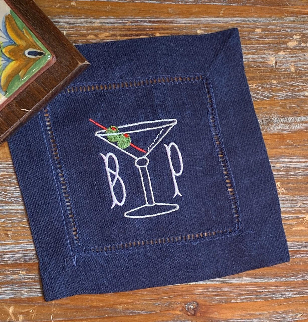 Monogrammed Martini Cocktail Napkins, Set of 4 - White Tulip Embroidery