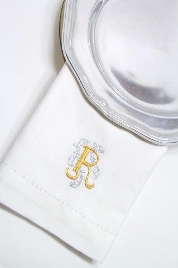 Ornate Monogrammed Embroidered Cloth Napkins - Set of 4 napkins - White Tulip Embroidery