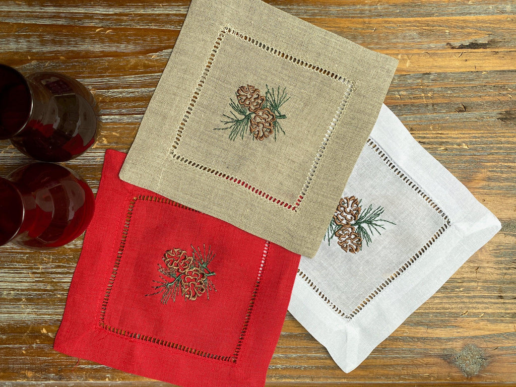 Pine Cone Cocktail Napkins, Set of 4 - White Tulip Embroidery