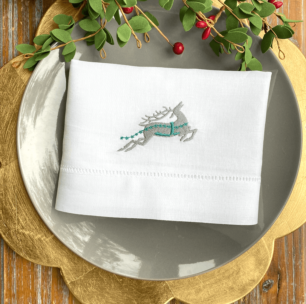 Reindeer Christmas Embroidered Cloth Napkins - Set of 4 napkins - White Tulip Embroidery