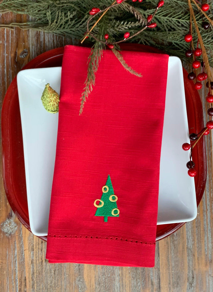 Retro Christmas Tree Embroidered Cloth Napkins - Set of 4 napkins - White Tulip Embroidery