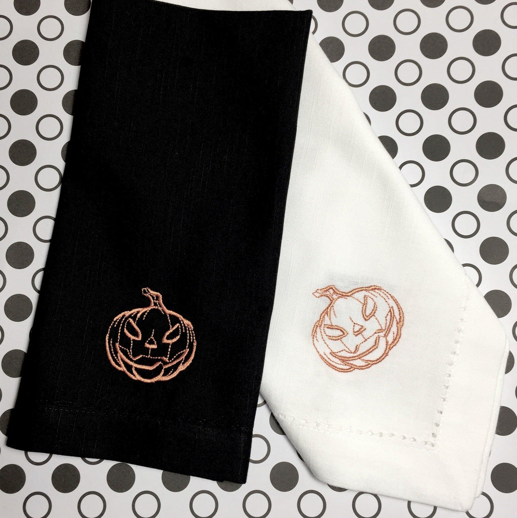 Scary Jack O' Lantern Pumpkin Halloween Cloth Napkins - White Tulip Embroidery