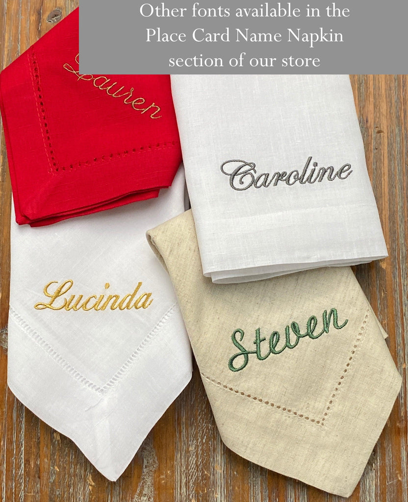 Set of 4 Embroidered Name Napkins, Lucinda Names Cloth napkins - White Tulip Embroidery