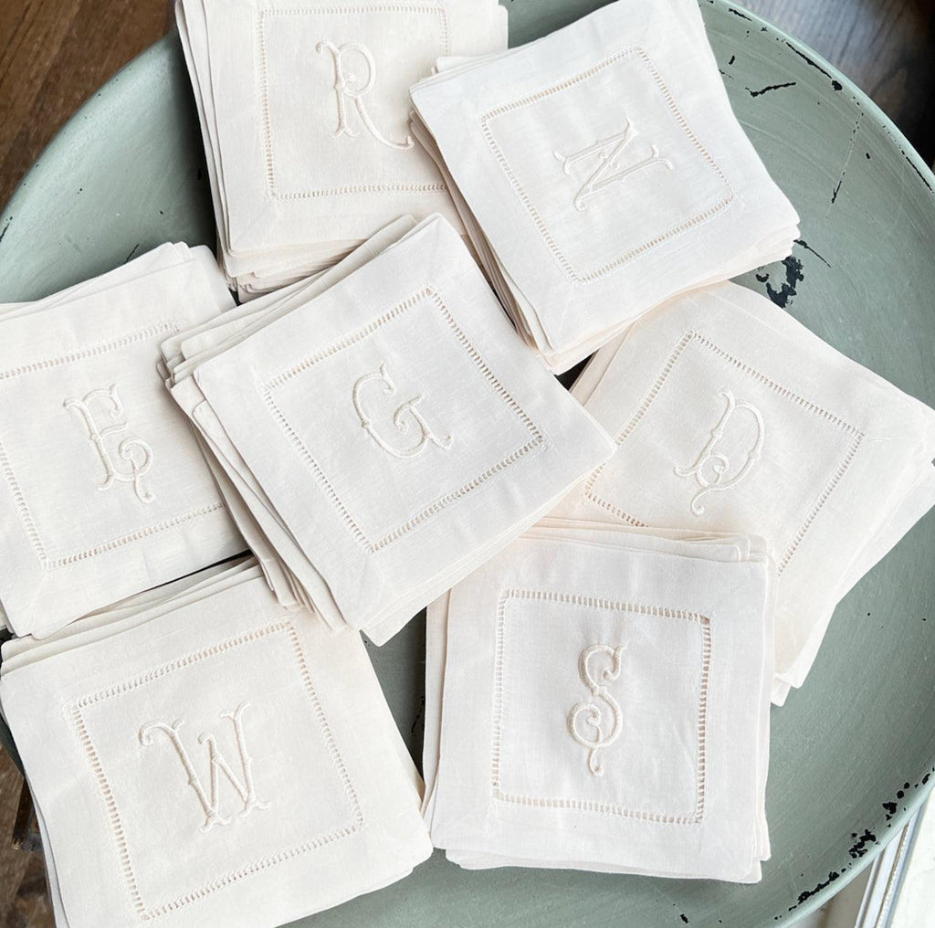 Set of 4 Ivory Monogrammed Linen Cocktail Napkins - White Tulip Embroidery