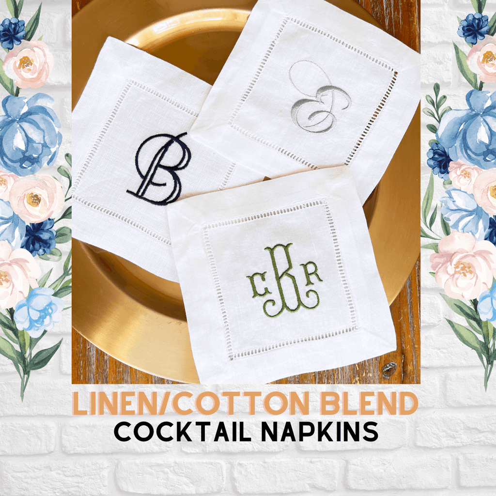 Set of 4 White Monogrammed Cotton/Linen Cocktail Napkins - White Tulip Embroidery