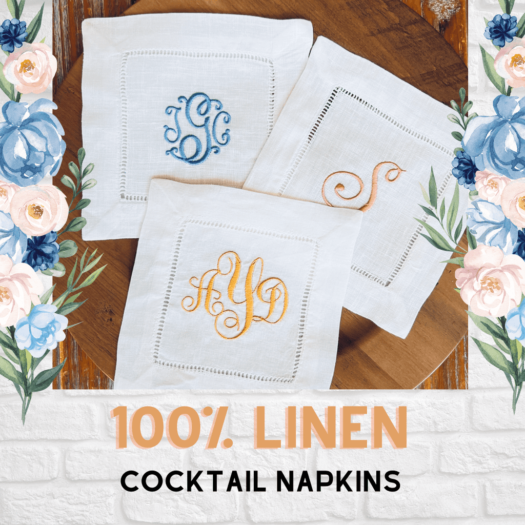 Set of 4 White Monogrammed Linen Cocktail Napkins - White Tulip Embroidery