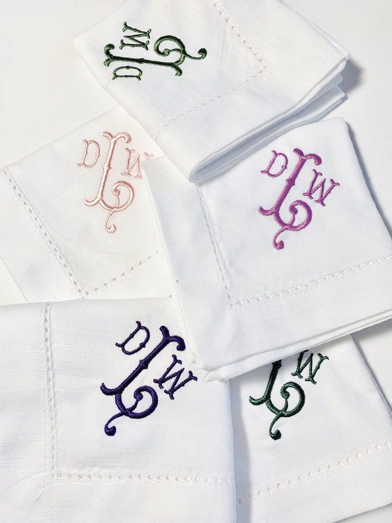 Southern Monogrammed Embroidered Cloth Napkins - White Tulip Embroidery