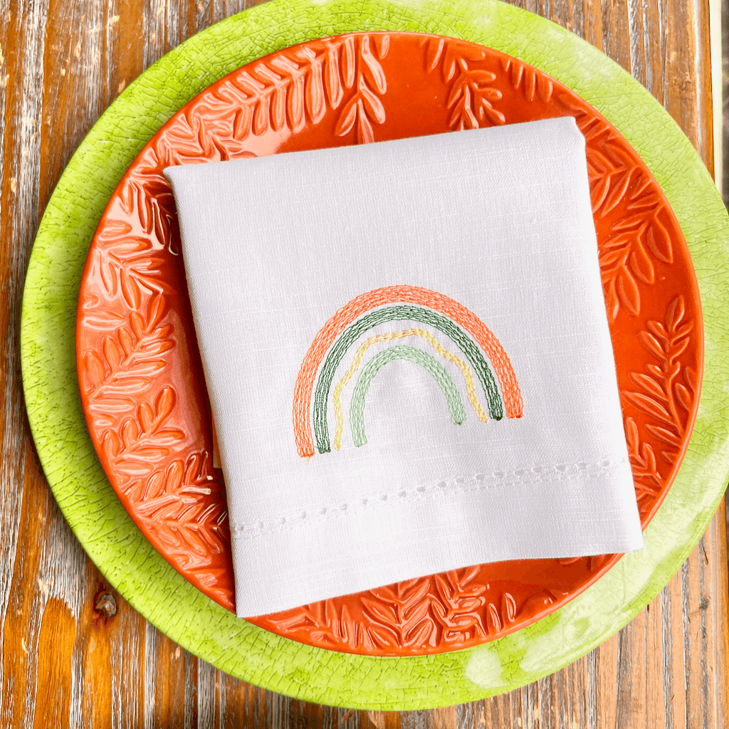 St. Patrick's Day Rainbow Cloth Napkins, Set of 4, Irish Flag Napkins - White Tulip Embroidery
