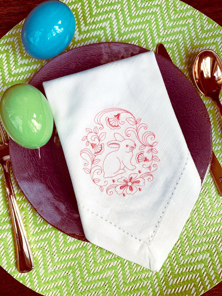 Sweet Easter Bunny Cloth Napkins - Set of 4 napkins - White Tulip Embroidery